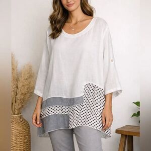 Puro Lino Italy White Linen Polka Dot Asymmetrical Tunic Top Size XL